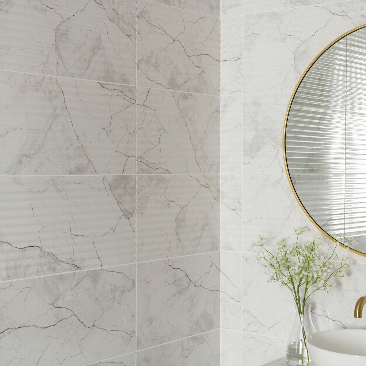 Riva White Gloss Marble Effect Decor Wall Tile 600x300 — close-up of the tile surface, buy wall tile UK