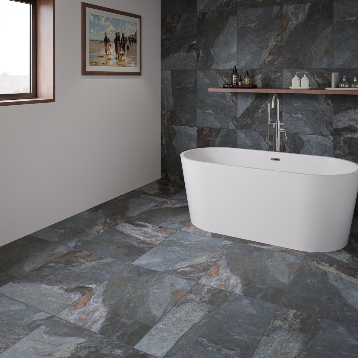 Newstone Sapphire Blue Matt Slate Effect Wall and Floor Tiles — installed room setting, buy floor tile UK