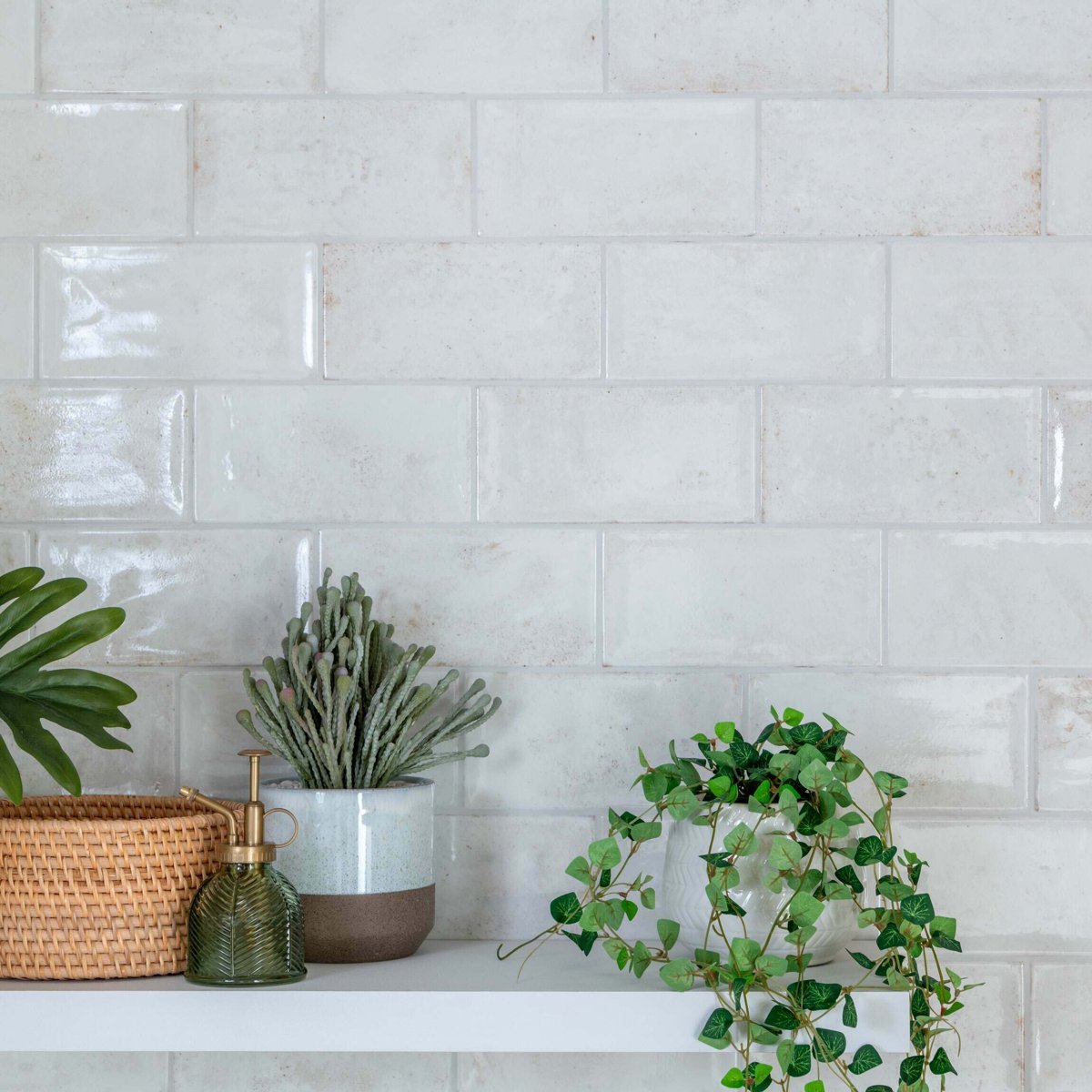 Clemence White 20x10 — installed room setting, buy wall tile UK