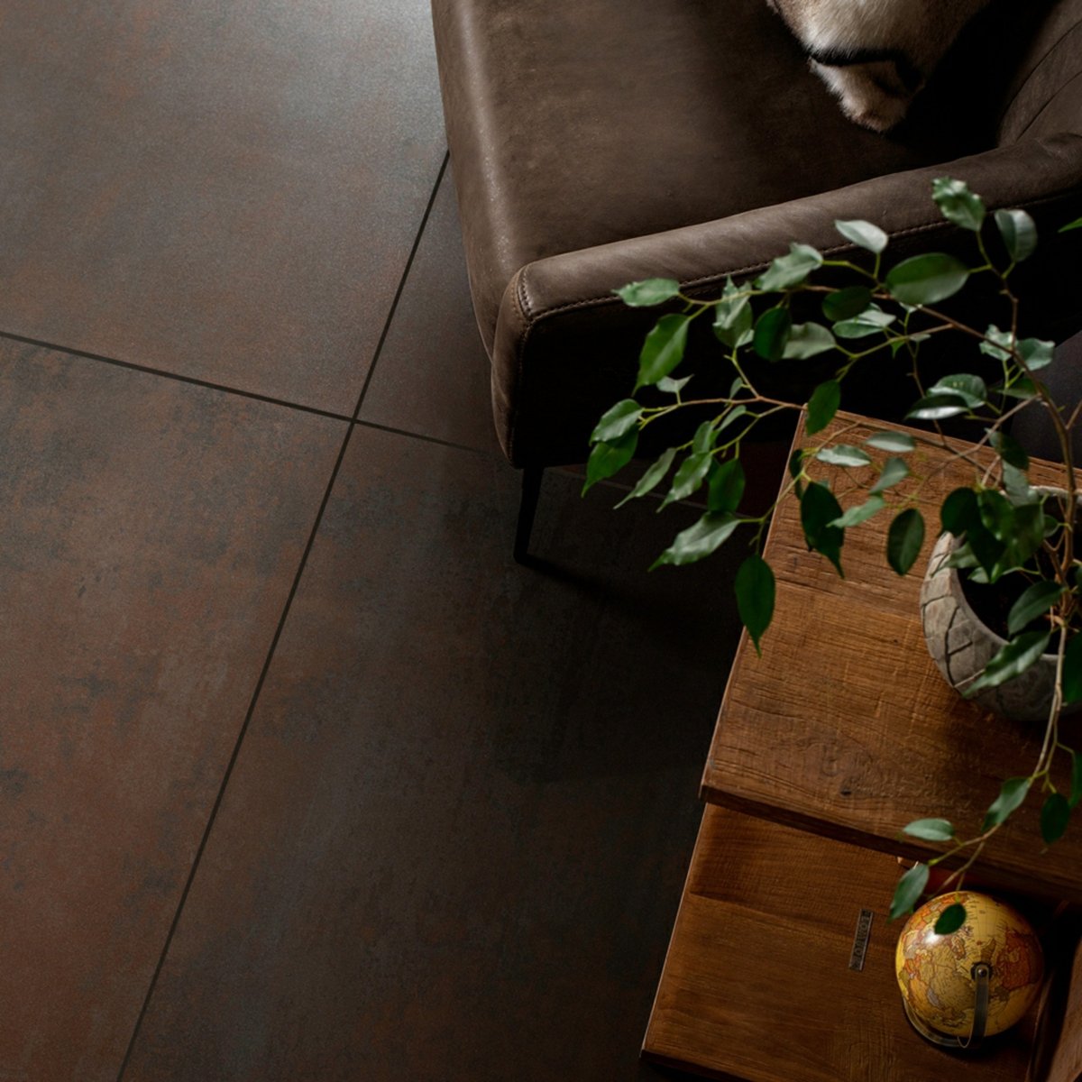 Stardust Oxide Brown Semi Polished Metallic Tiles 900x900 — installed room setting, buy floor tile UK