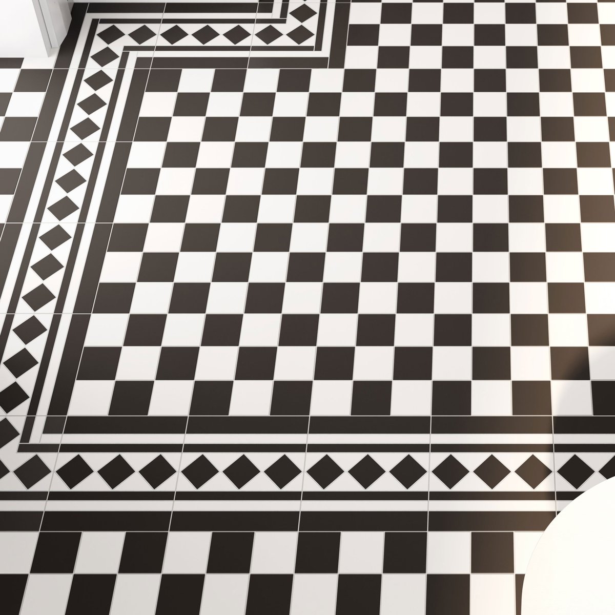 Victorian Bristol Black and White Chequer Pre-Scored Anti-Slip Porcelain Tile — detail view, buy tile UK