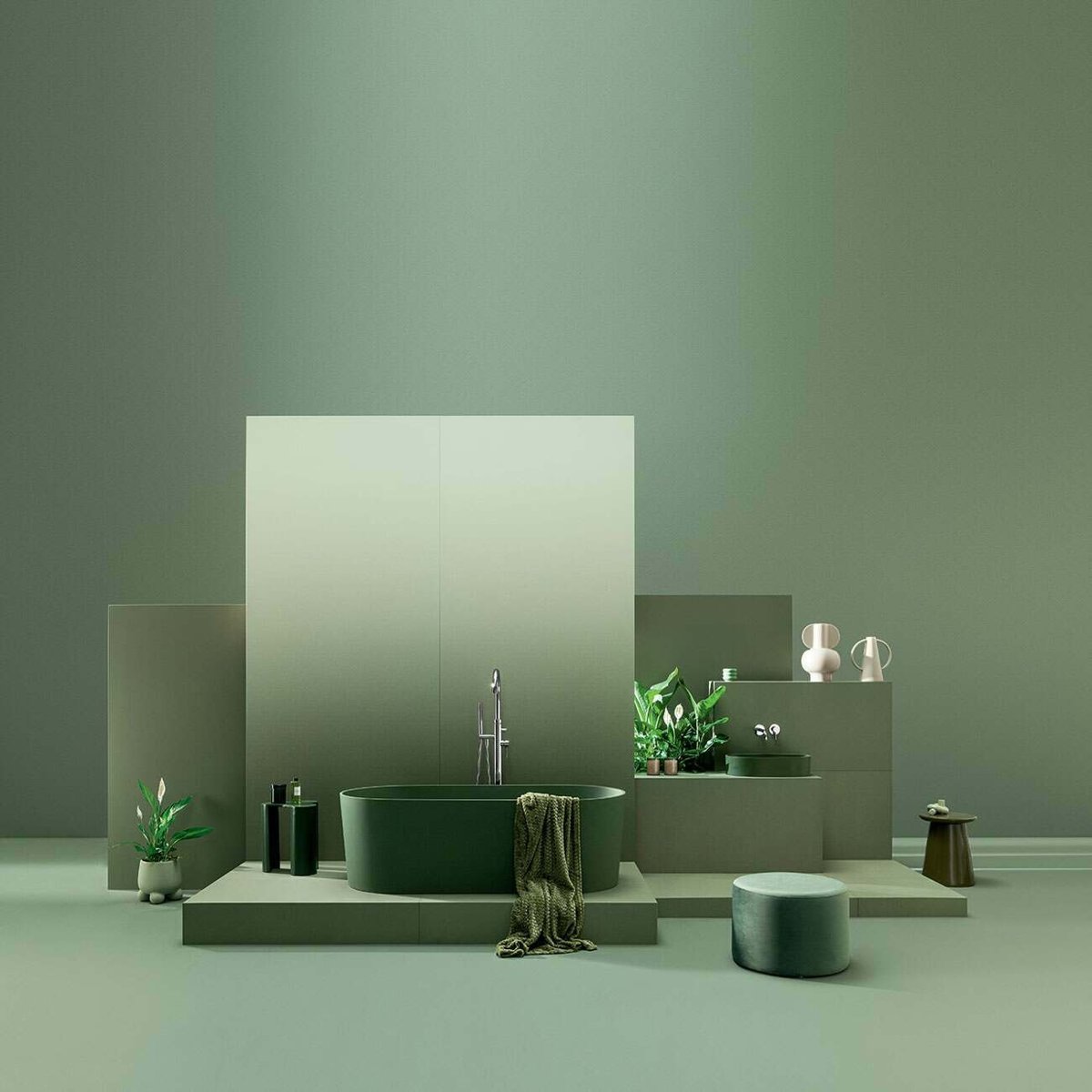 Cielo Verde Green Matt Plain Tiles 1198x598 — installed room setting, buy wall tile UK