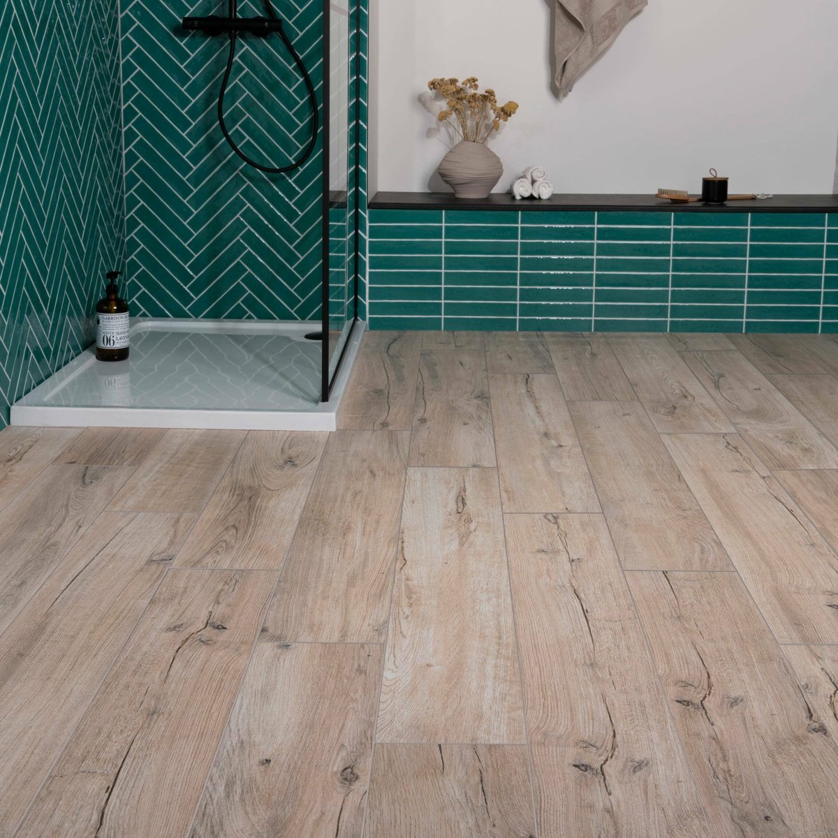 Mumble H Natural Oak Wood Effect Tile 195x1215 — installed room setting, buy floor tile UK