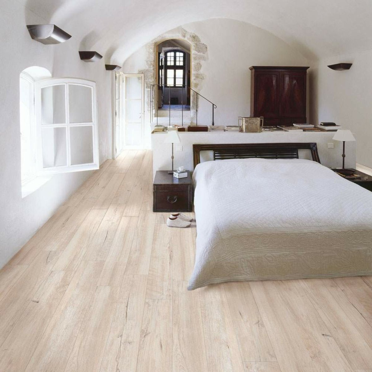 Mumble B Light Oak Wood Effect Tile 195x1215 — installed room setting, buy floor tile UK