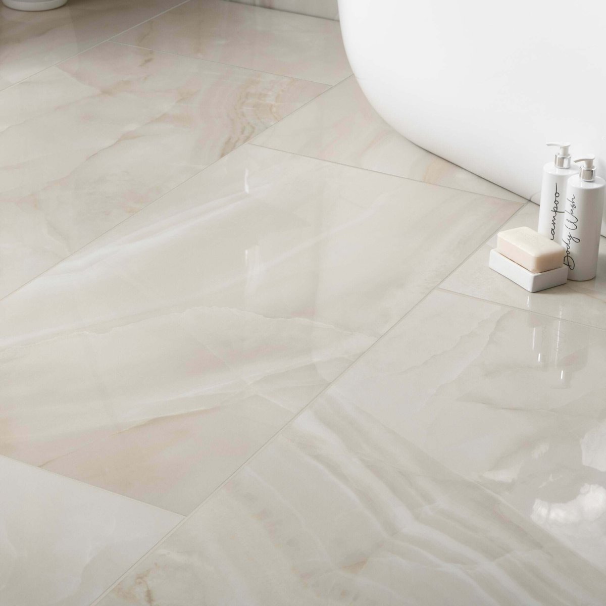 Rodas Light Beige Marble Effect Tiles 1200x600 — installed room setting, buy floor tile UK