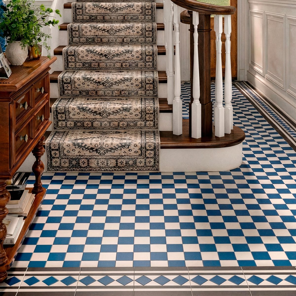 Victorian Bristol Blue and White Chequer Pre-Scored Anti-Slip Porcelain Tile — detail view, buy tile UK