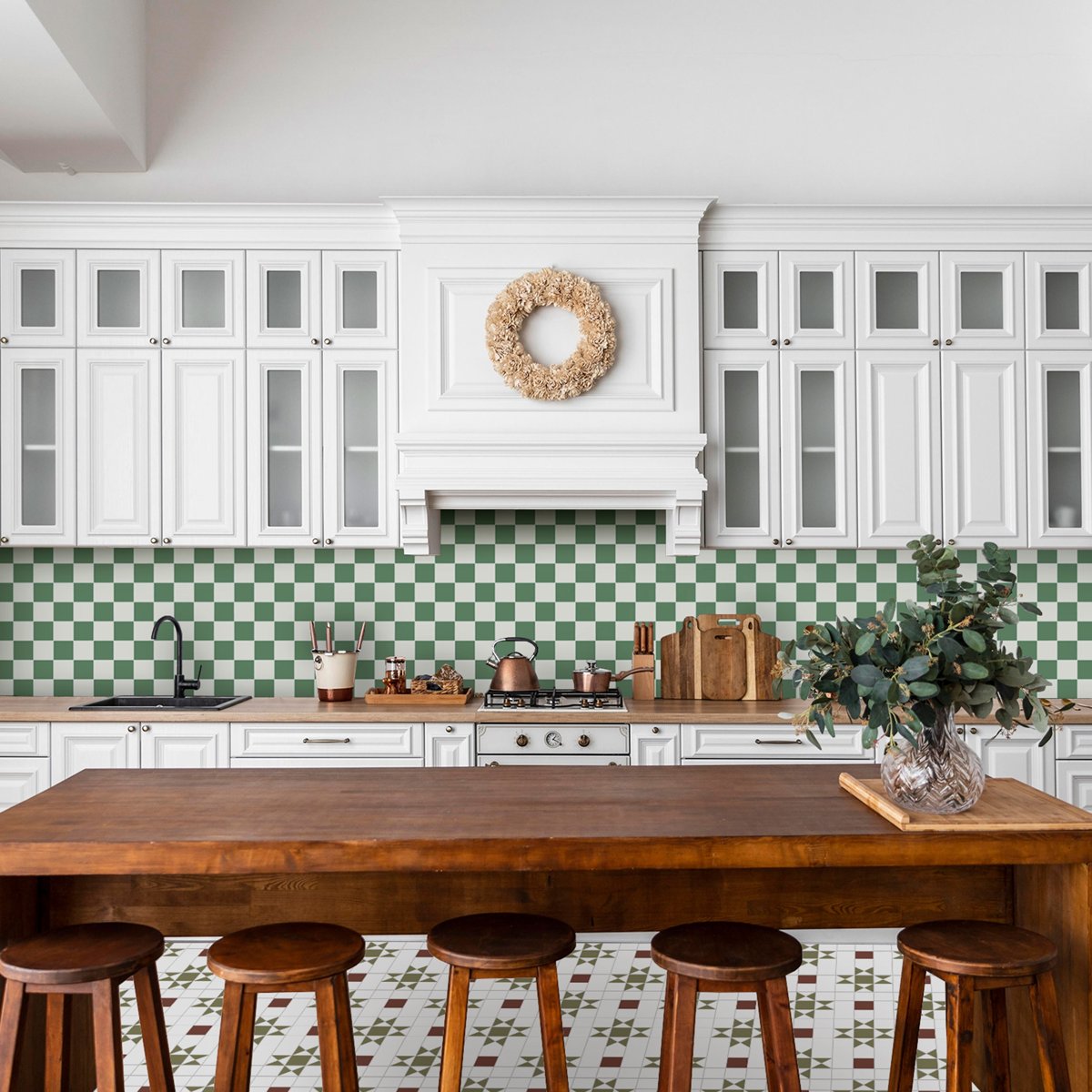 Victorian Bristol Green and White Chequer Pre-Scored Anti-Slip Porcelain Tile — installed room setting, buy tile UK