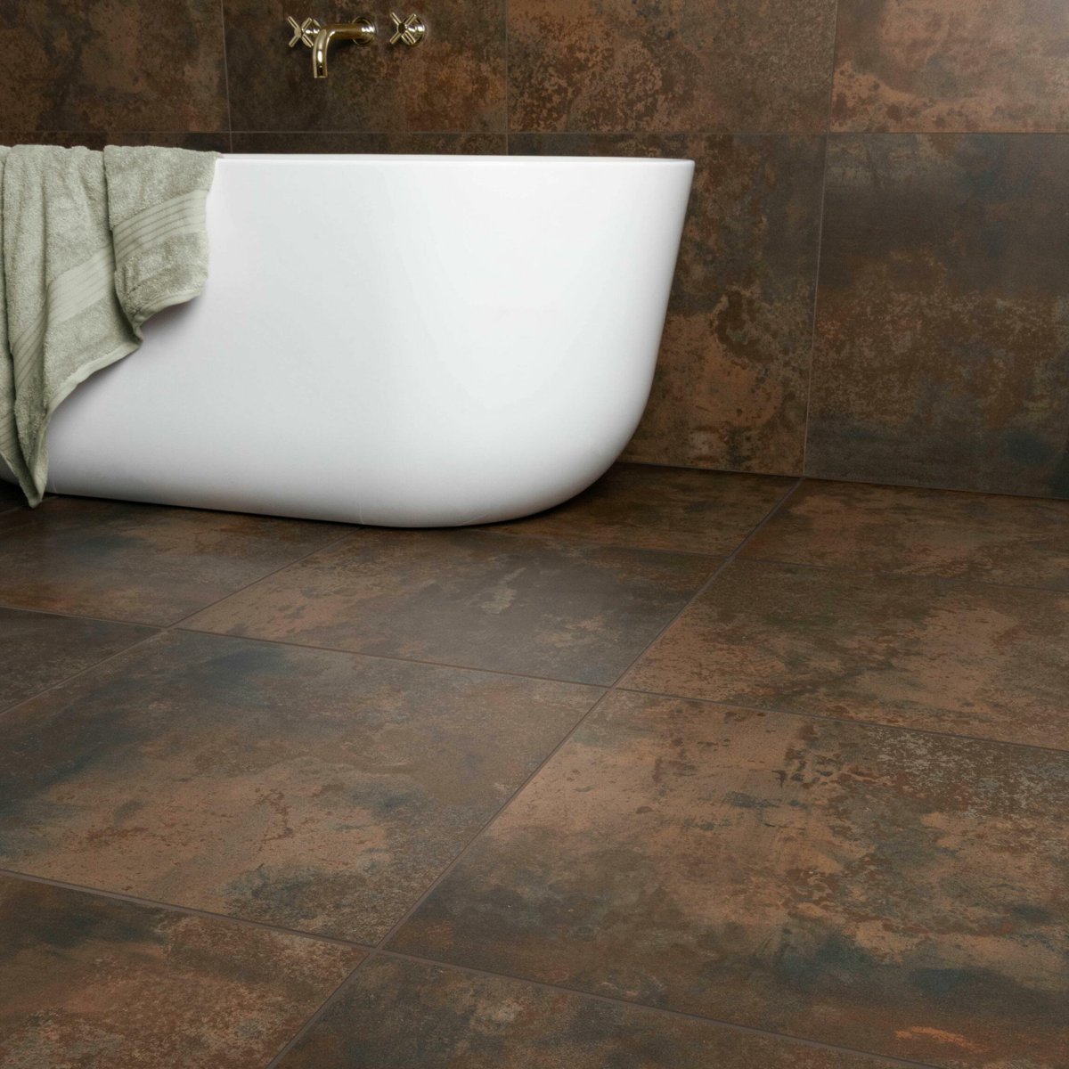 Metallique Cobre Lapato 60x60 — installed room setting, buy floor tile UK