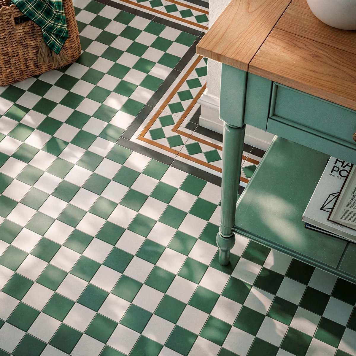 Victorian Bristol Green and White Chequer Pre-Scored Anti-Slip Porcelain Tile — alternative angle, buy tile UK