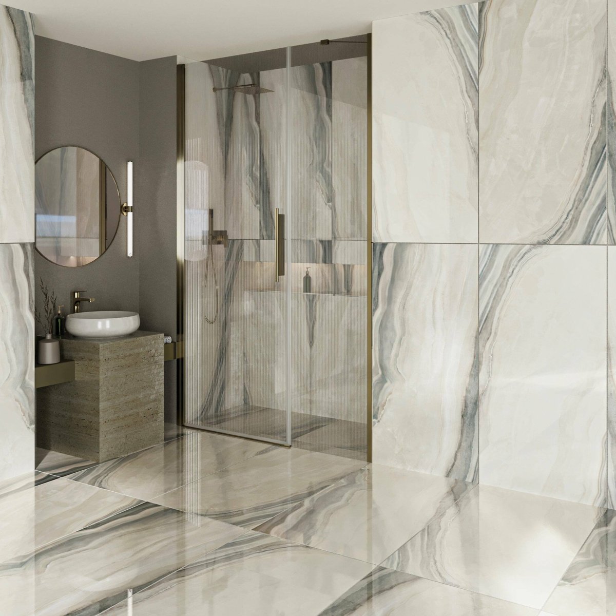 White Opal Polished Marble Effect Tiles 1198x598 — installed room setting, buy wall tile UK