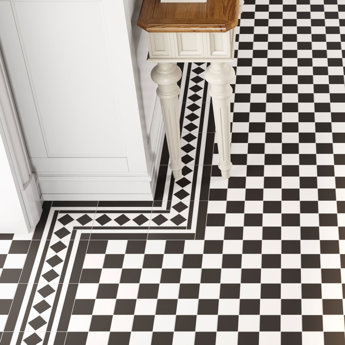 Victorian Bristol Black and White Chequer Pre-Scored Anti-Slip Porcelain Tile — installed room setting, buy tile UK