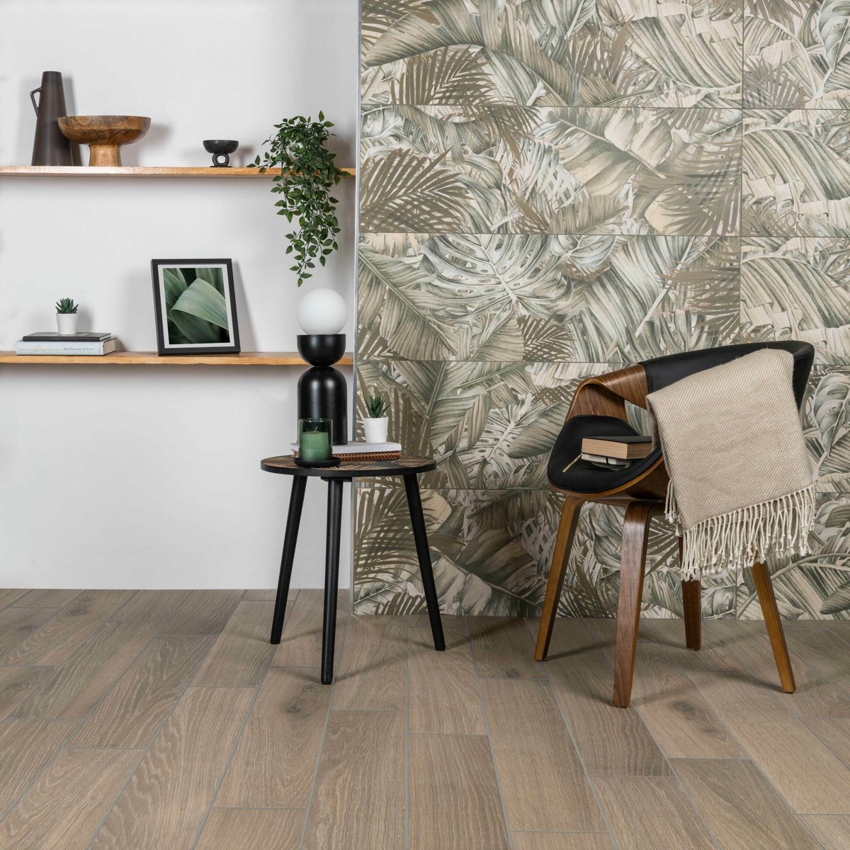 Civic Roble Wood Effect Tile 15x90 — installed room setting, buy floor tile UK