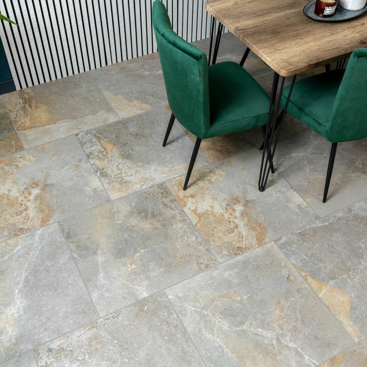Strato Light Natural Grey Slate Effect Matt Sparkle 600X600 — close-up of the tile surface, buy floor tile UK