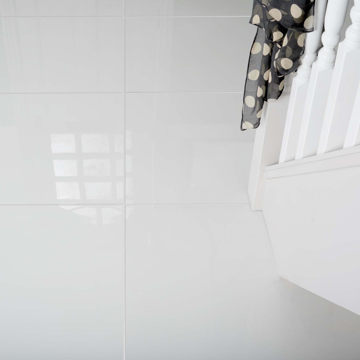 Snow White 600x600mm Tiles — installed room setting, buy floor tile UK