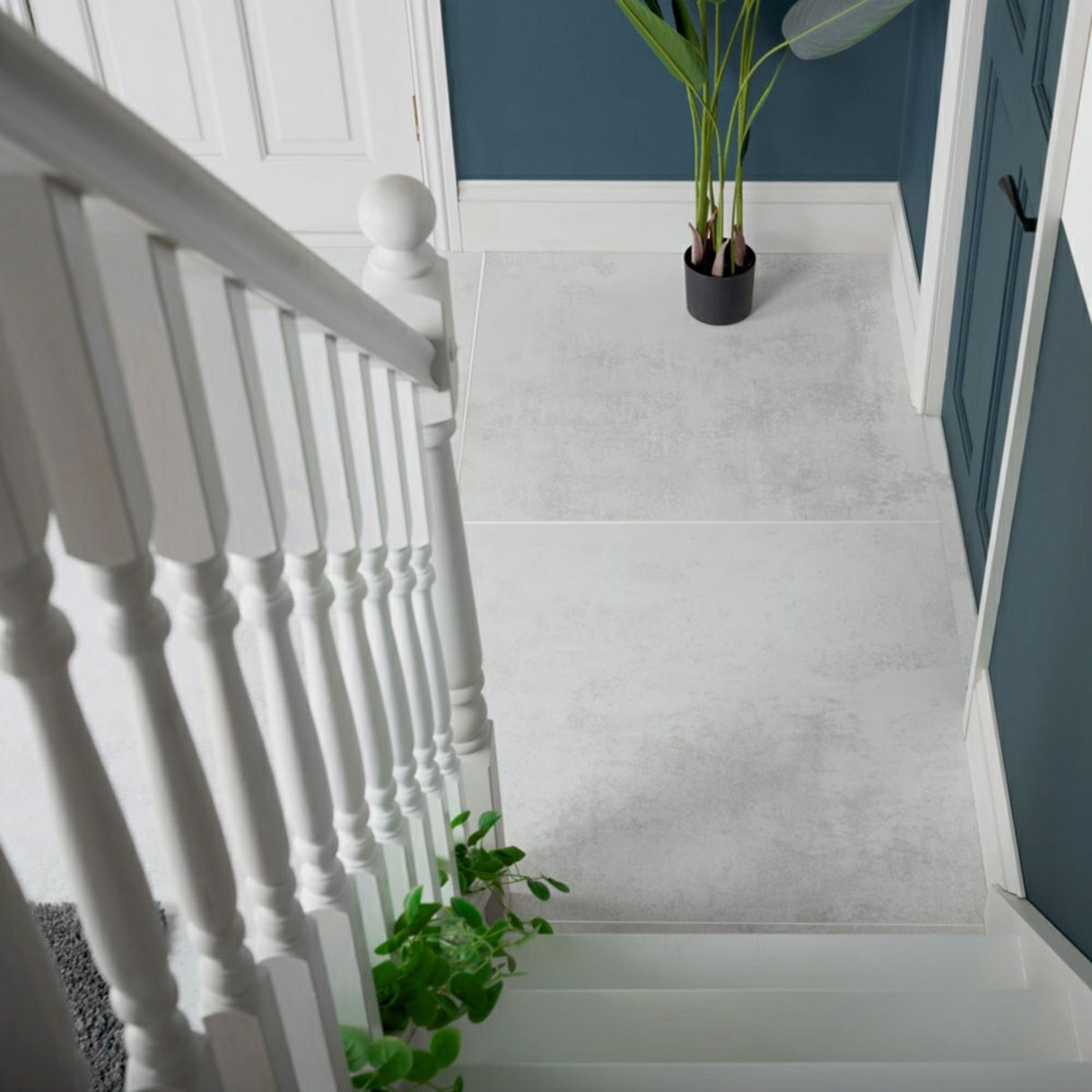 Stardust White Semi Polished Stone Effect Tiles 900x900 — installed room setting, buy floor tile UK