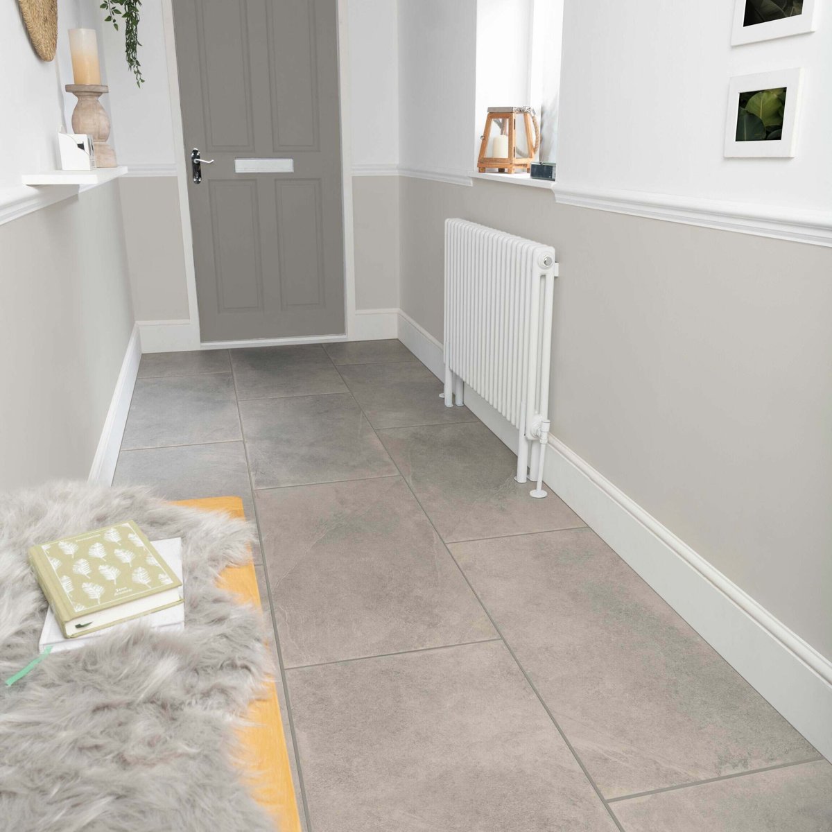 Proxi Grigio Stone Effect Tiles 48x96 — installed room setting, buy floor tile UK