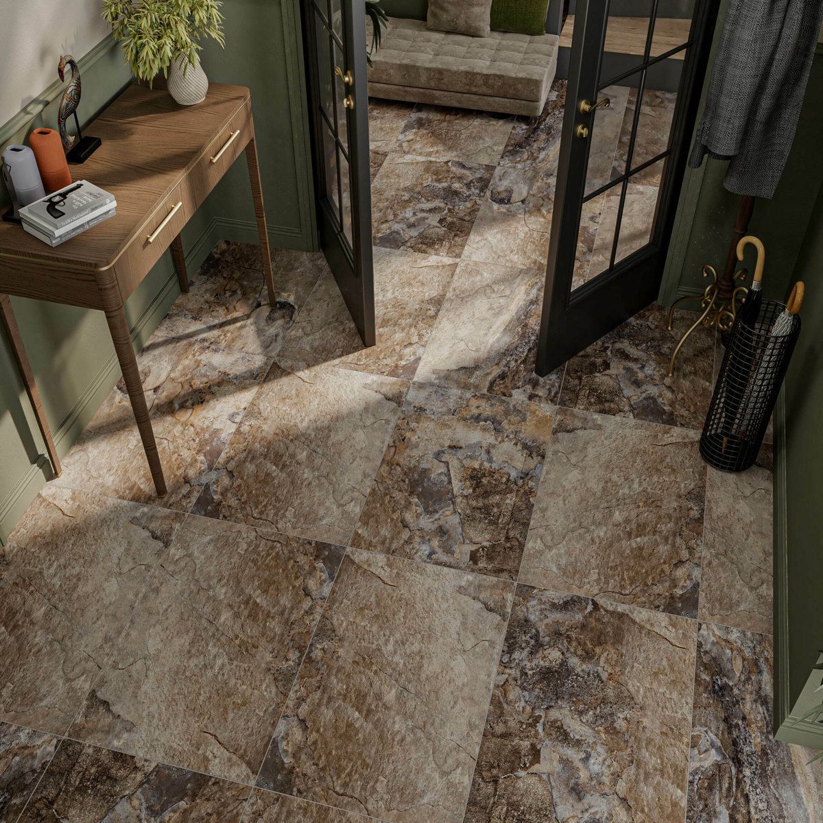 Keystone Grey Matt Stone Effect Wall and Floor Tiles — installed room setting, buy floor tile UK