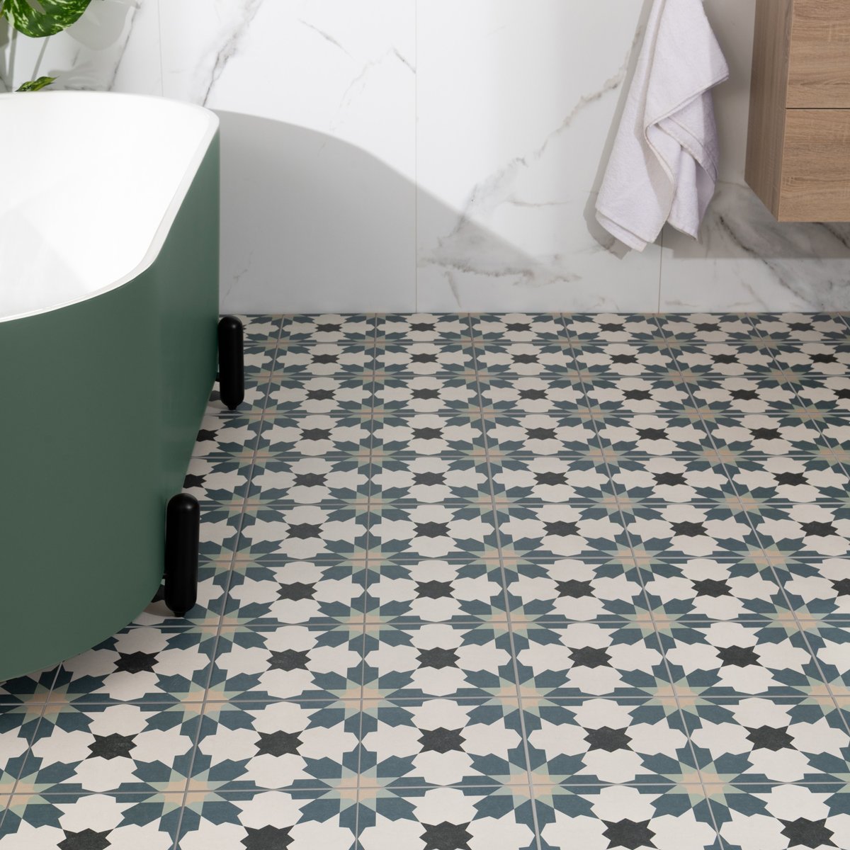 Bouquet Blue Matt Patterned Wall and Floor Tiles — installed room setting, buy floor tile UK