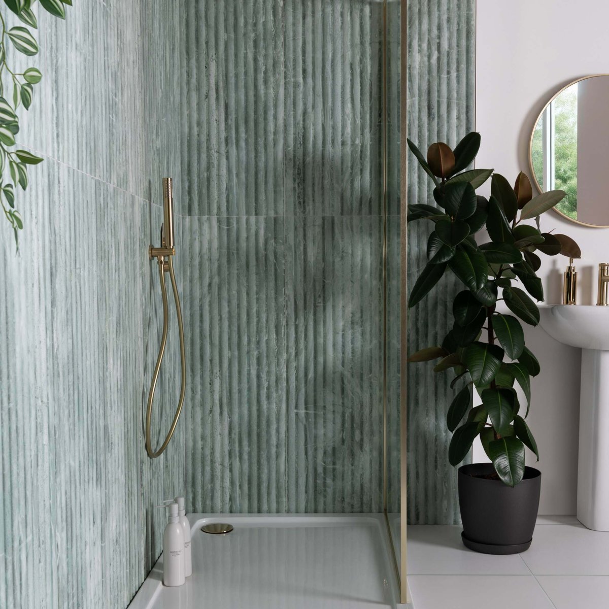 Fluted Travertino Jungle Green Decor Wall Tiles — installed room setting, buy wall tile UK