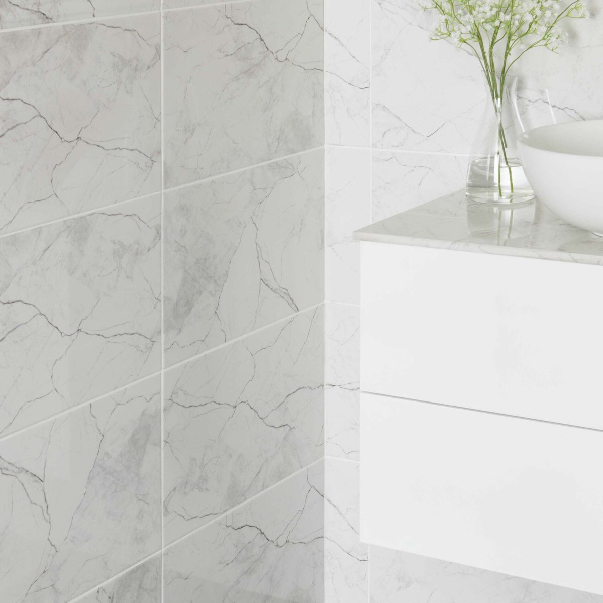 Riva White Gloss Marble Effect Wall Tile 600x300 — installed room setting, buy wall tile UK