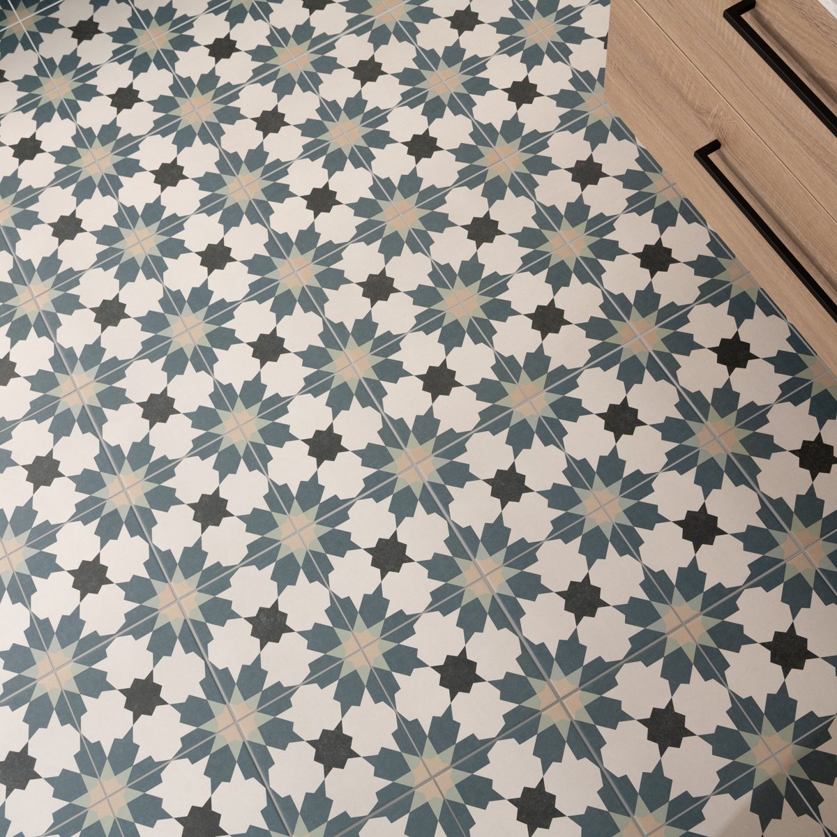 Bouquet Blue Matt Patterned Wall and Floor Tiles — detail view, buy floor tile UK