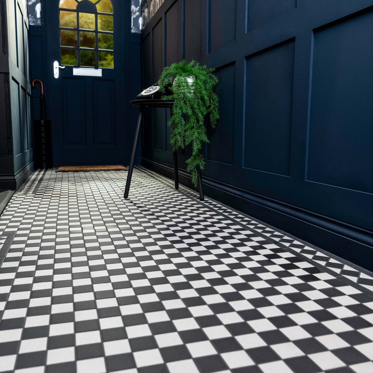 Victorian White & Black Chequer Mosaic — installed room setting, buy tile UK