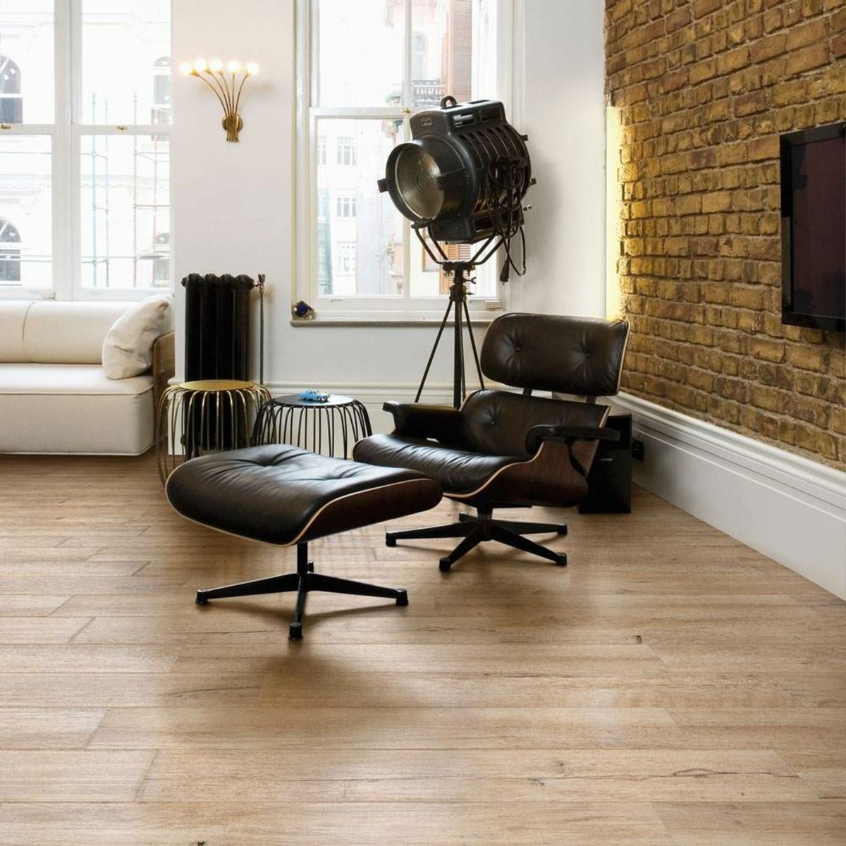 Mumble C Honey Oak Wood Effect Tile 195x1215 — installed room setting, buy floor tile UK