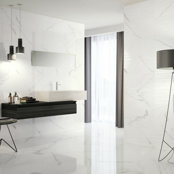 Polaris Polished Marble Effect Tile 600x600 — close-up of the tile surface, buy floor tile UK