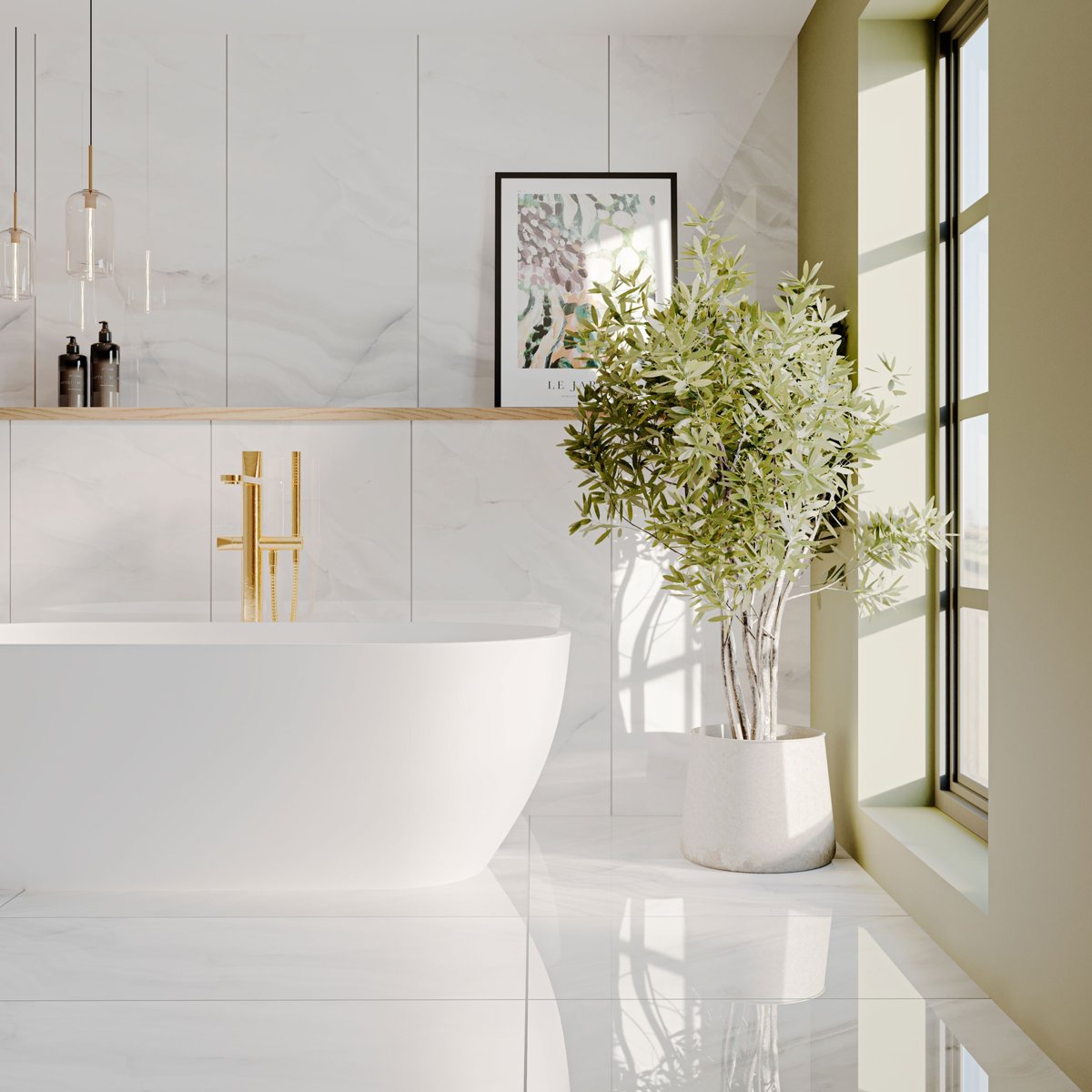 Rodas White Marble Effect Tiles 1200x600 — installed room setting, buy floor tile UK