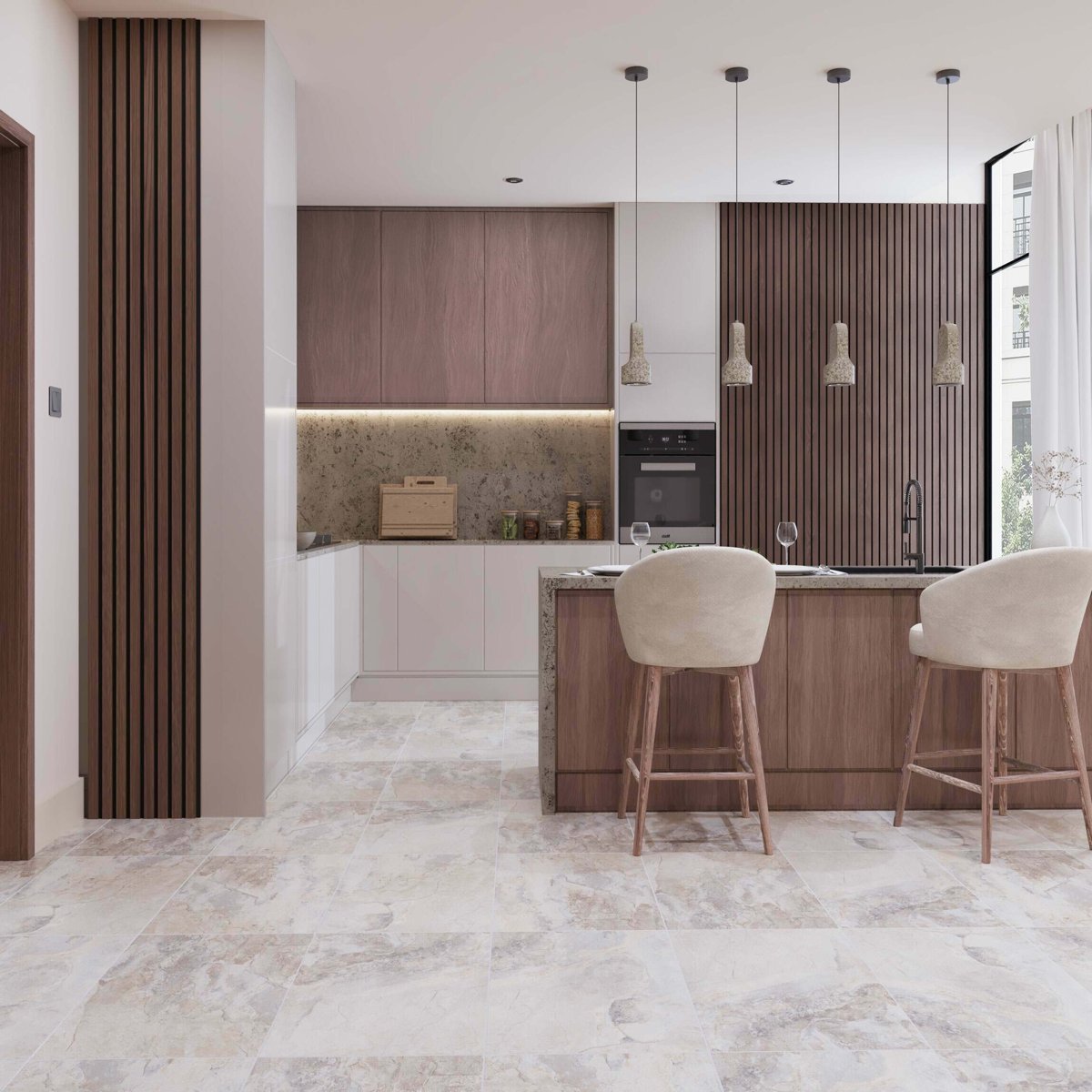 Keystone Cream Stone Effect Wall and Floor Tiles — installed room setting, buy floor tile UK