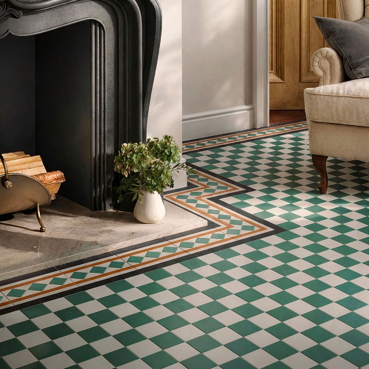Victorian Bristol Green and White Chequer Pre-Scored Anti-Slip Porcelain Tile — detail view, buy tile UK