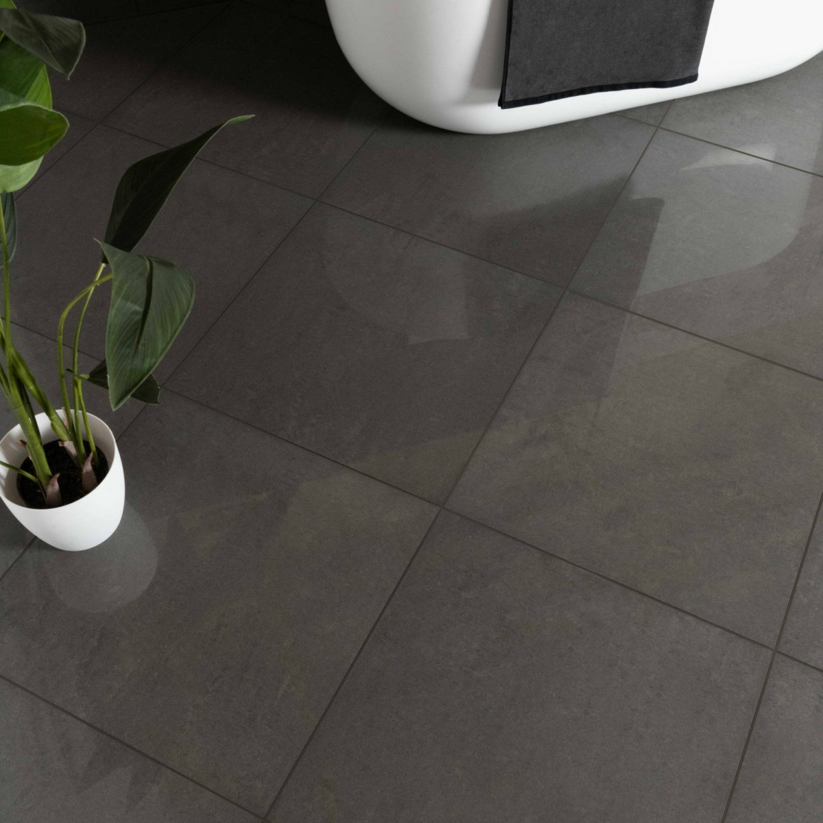 Gems Lounge Stone Effect Polished Anthracite 600x600 — installed room setting, buy floor tile UK