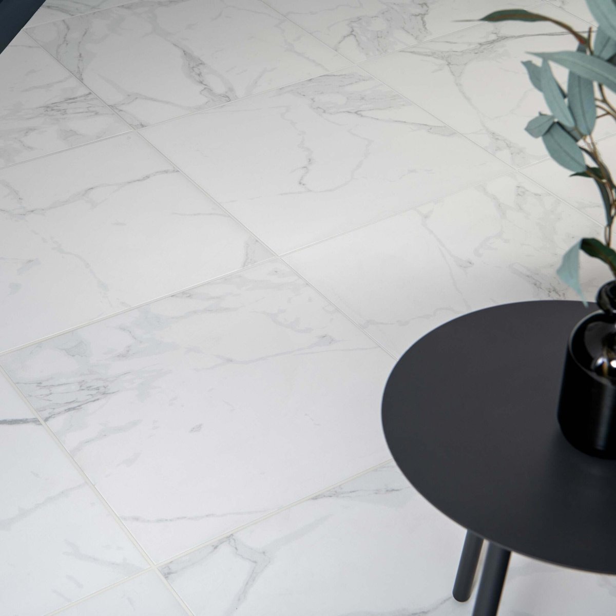 Palatina 60.5x60.5 Matt Marble Effect Tile — installed room setting, buy floor tile UK