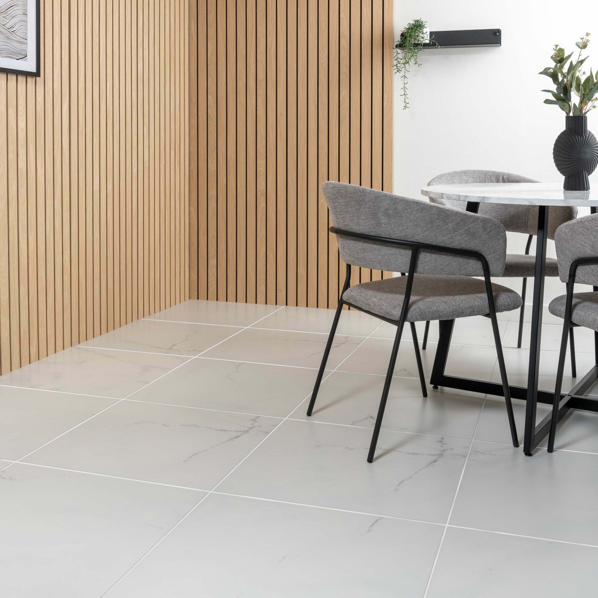 Makrana Vanilla Grey Matt Wall and Floor Tiles — installed room setting, buy floor tile UK