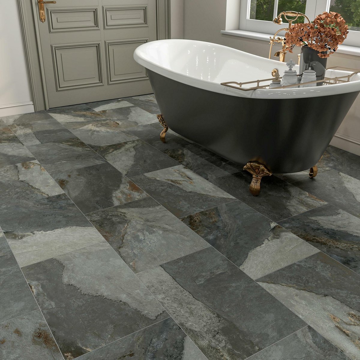 Newstone Jade Green Matt Slate Effect Wall and Floor Tiles — close-up of the tile surface, buy floor tile UK