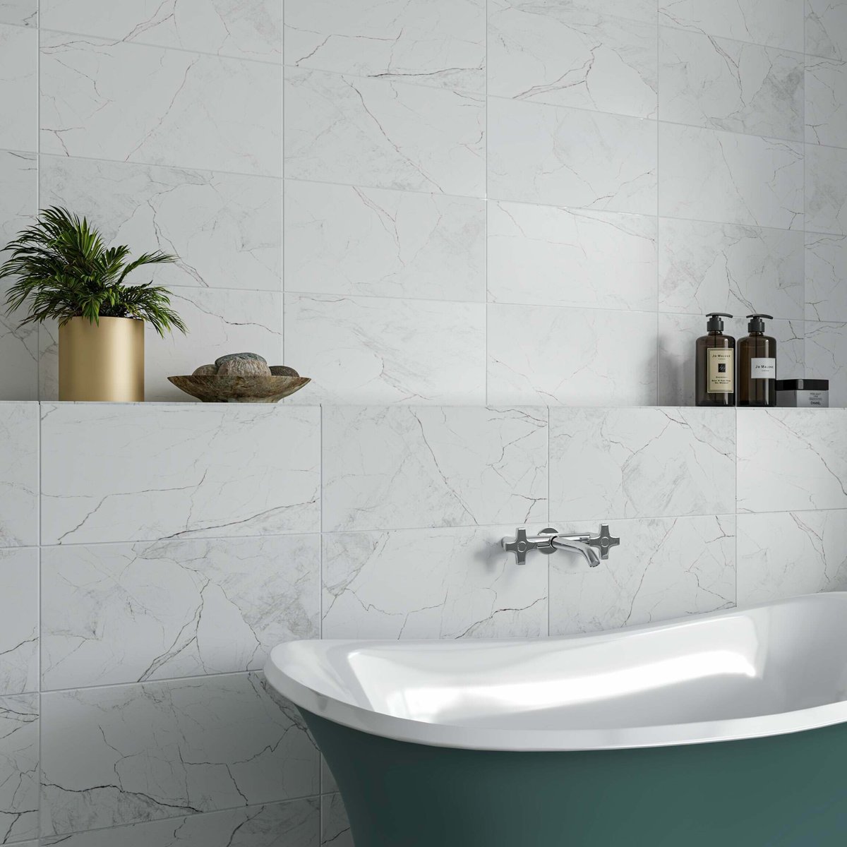 Riva White Matt Marble Effect Wall Tile 600x300 — alternative angle, buy wall tile UK