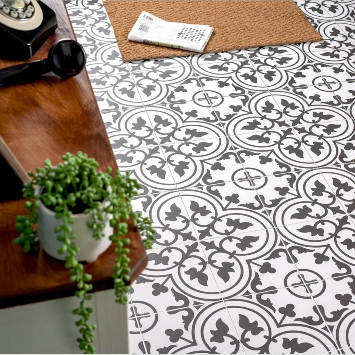 Bourton Monochrome Black — installed room setting, buy floor tile UK