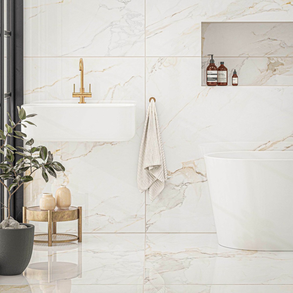 Marshall Gold Vein Polished Marble Effect Tiles 1200x1200 — installed room setting, buy floor tile UK
