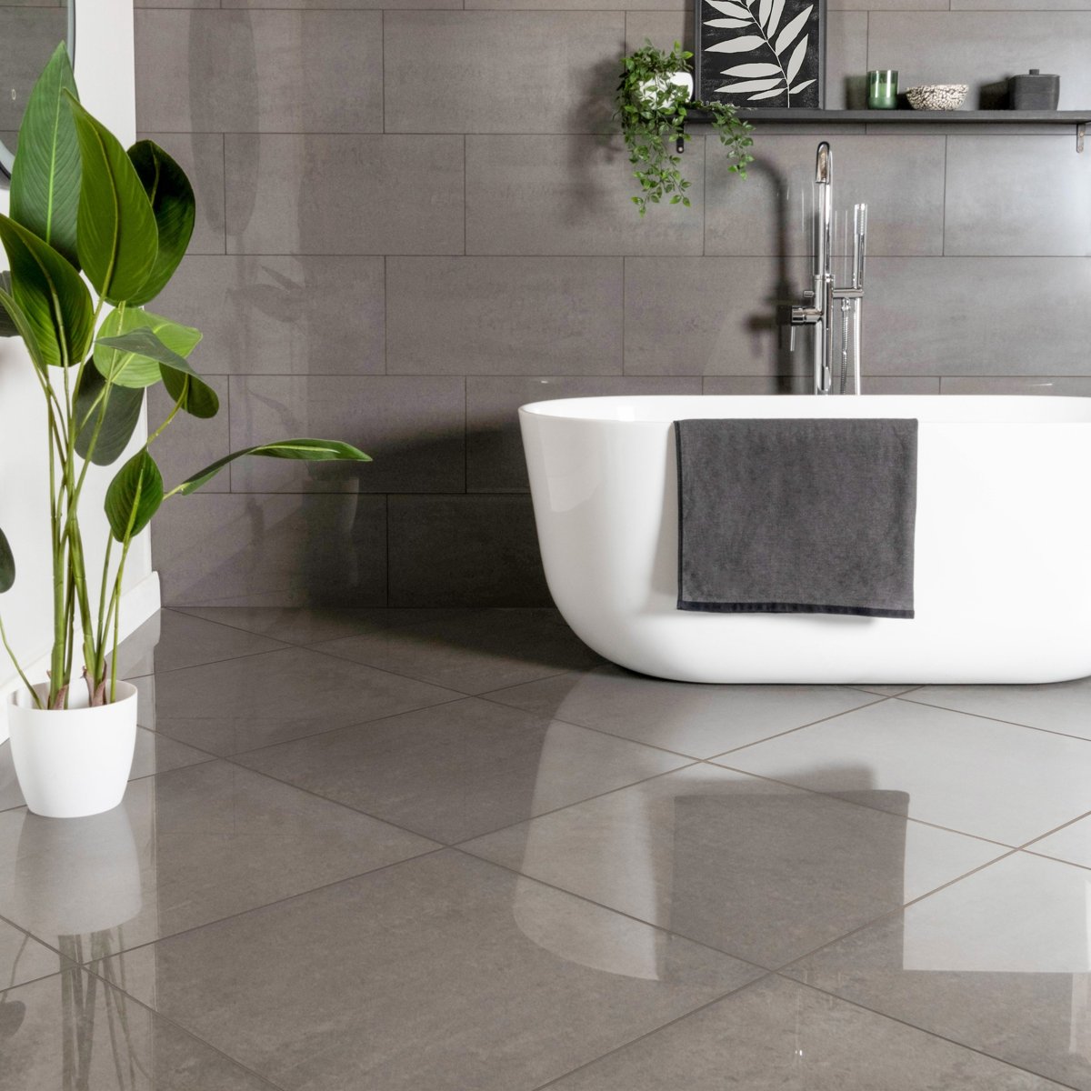 Gems Lounge Stone Effect Polished Anthracite 600x600 — detail view, buy floor tile UK