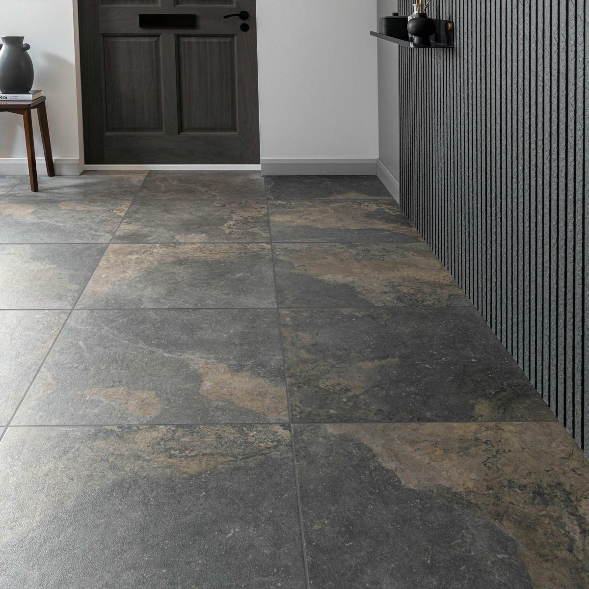 Strato Natural Rustic Black Slate Effect Matt Sparkle 600X600 — close-up of the tile surface, buy floor tile UK
