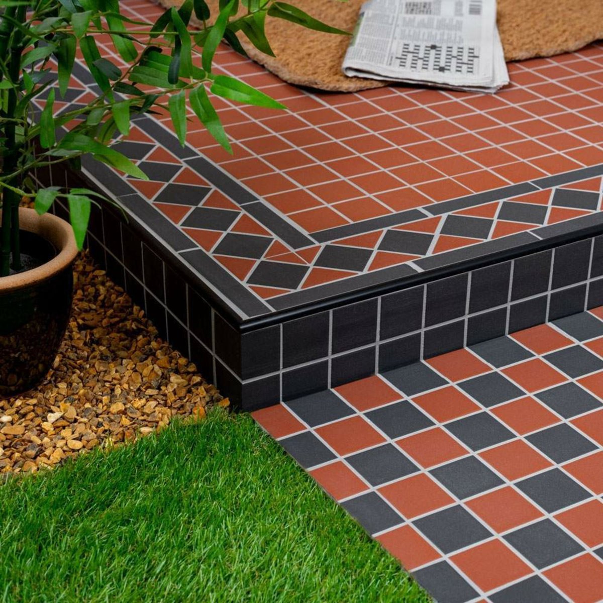 Victorian Red & Black Chequer Mosaic — installed room setting, buy tile UK