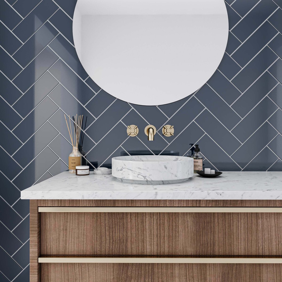 Bricks Navy Gloss Ceramic Metro Wall Tiles 300x100x8mm — installed room setting, buy wall tile UK