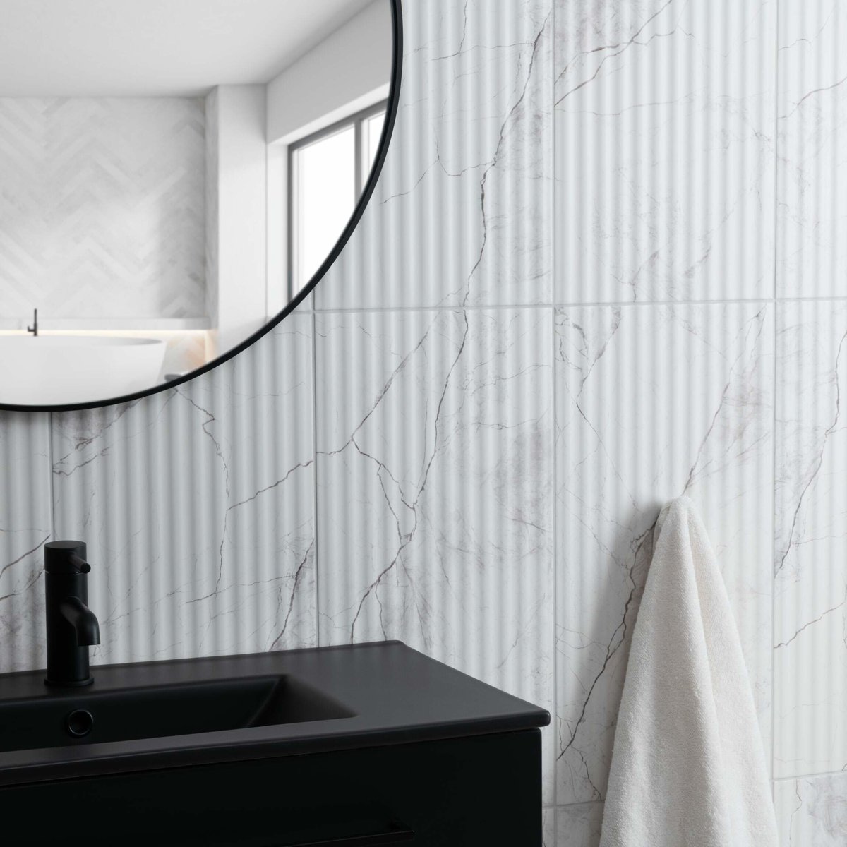Riva White Matt Marble Effect Decor Wall Tile 600x300 — installed room setting, buy wall tile UK