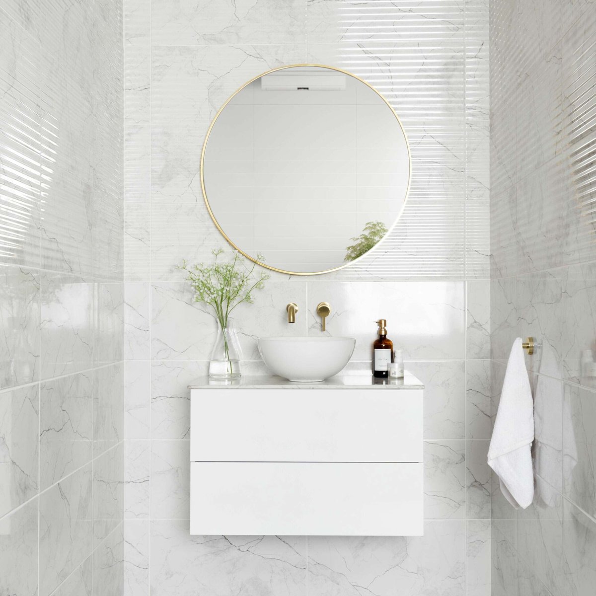 Riva White Gloss Marble Effect Decor Wall Tile 600x300 — detail view, buy wall tile UK