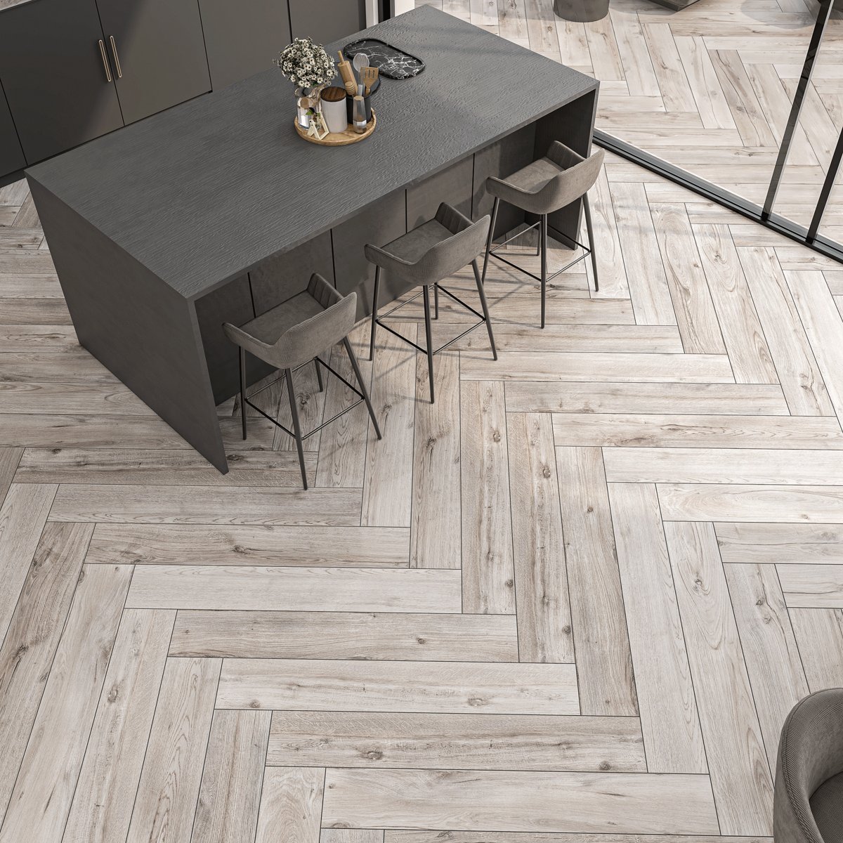 Mumble G Grey Wood Effect Tile 195x1215 — installed room setting, buy floor tile UK