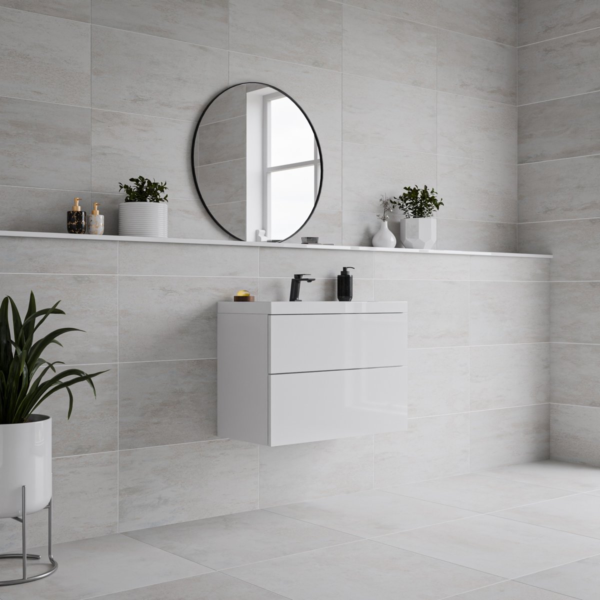 Metallique Blanco Lapato 60x60 — installed room setting, buy floor tile UK