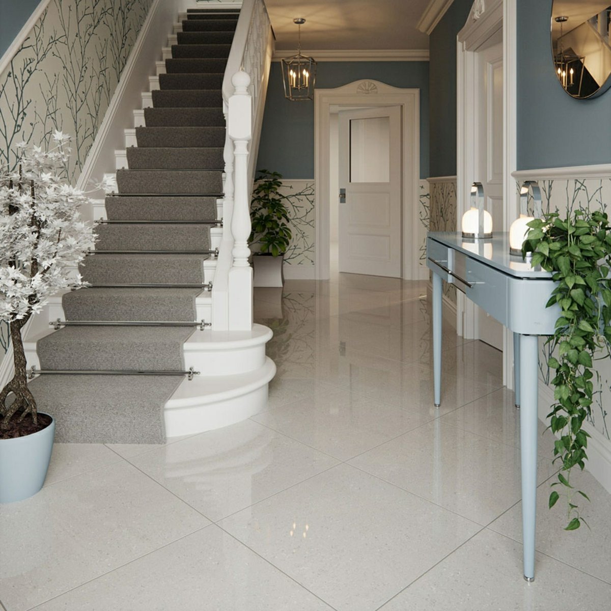 Windsor Silver Stone Effect Polished 600x600 Tiles — detail view, buy floor tile UK
