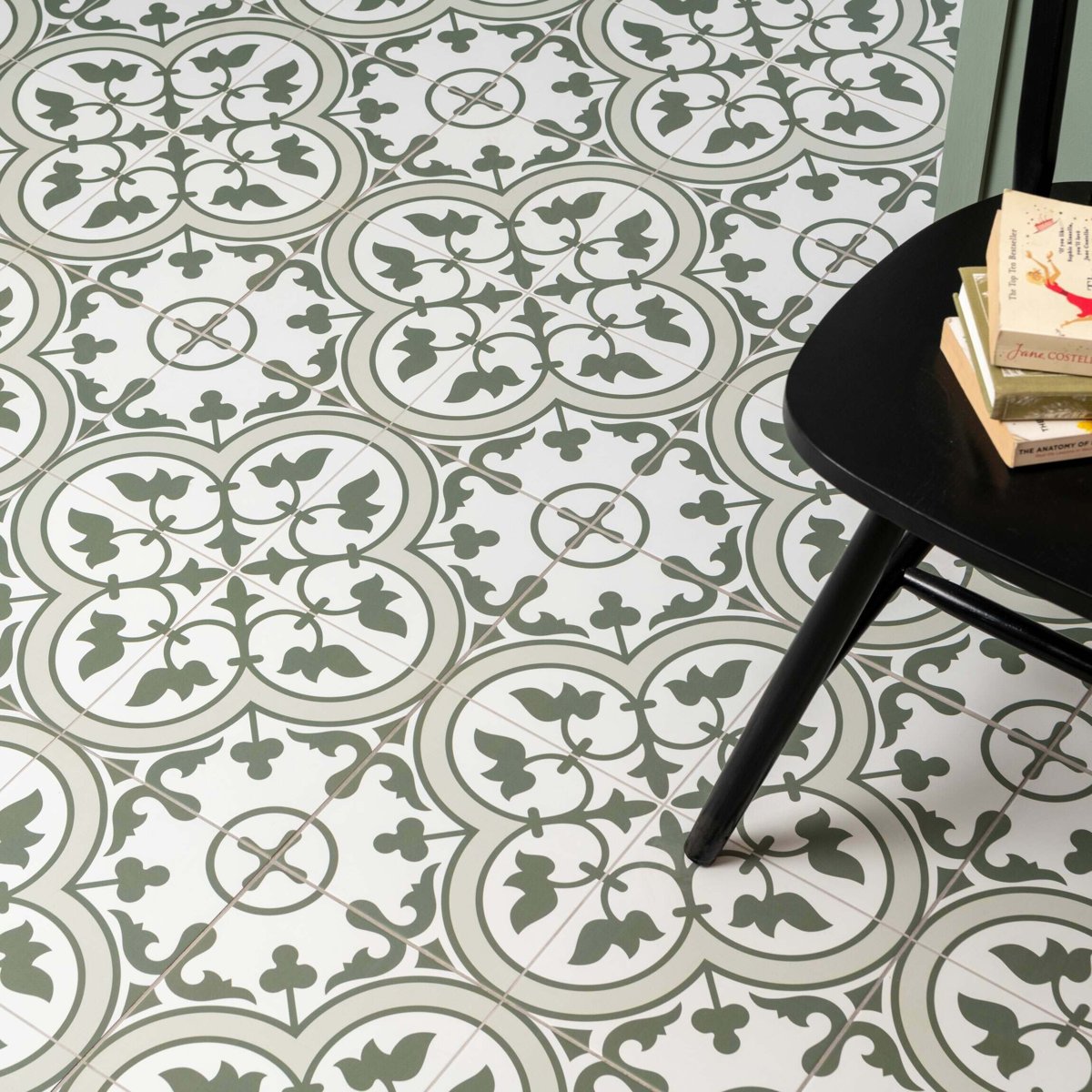 Bourton Olive Green — installed room setting, buy floor tile UK