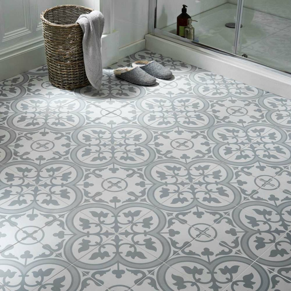 Bourton Silver Slate — installed room setting, buy floor tile UK