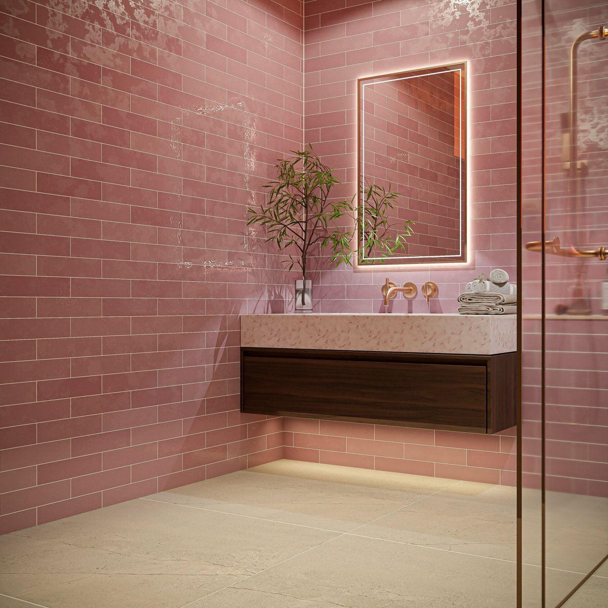 Opal Pink Gloss Wall Tile 75x300 — installed room setting, buy tile UK
